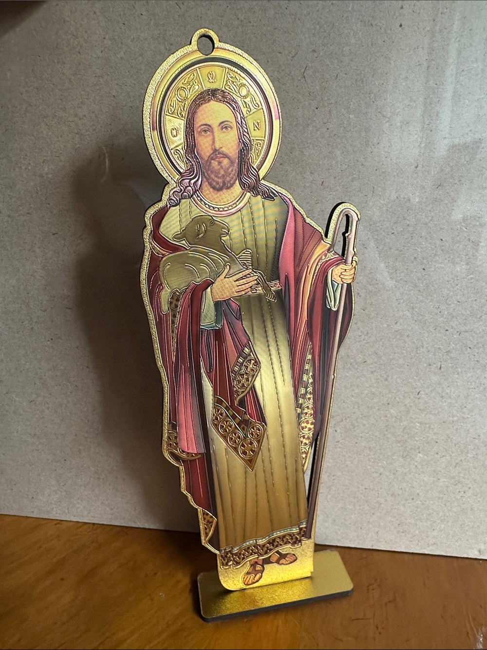 Hand Crafted Gold and Red Sacred Heart Jesus Standing Plaque